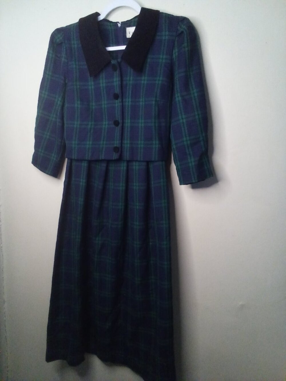 Miss Dorby Dress Women 6P 6 Petite Vintage Attached Belt Plaid Green Blue